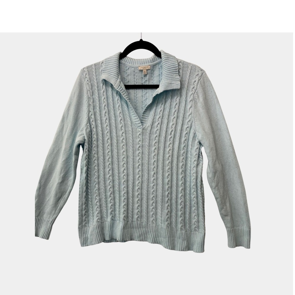 Talbots Cable Knit Sweater Womens XLp Light Blue V-Neck Collared Cotton Pullover